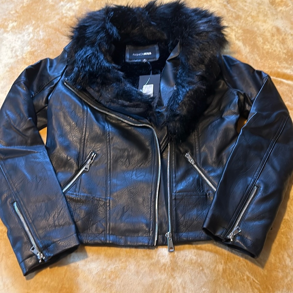 Faux leather jacket with removable fur